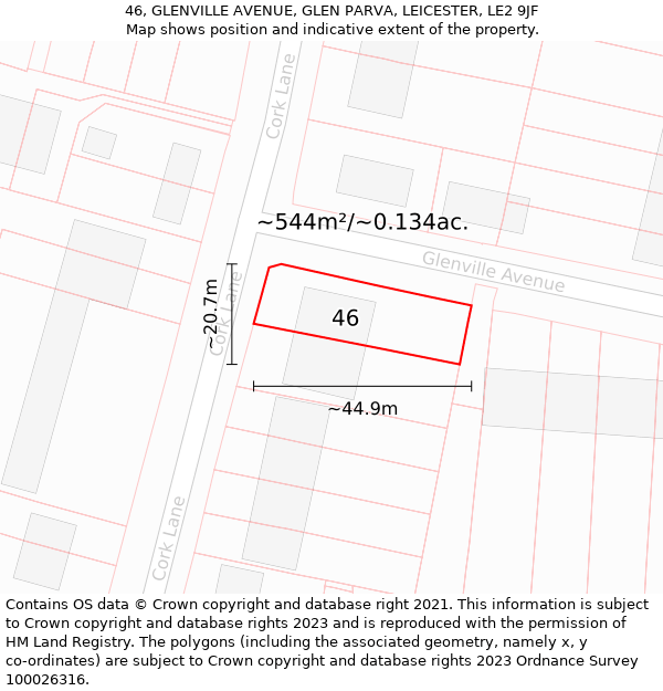 46, GLENVILLE AVENUE, GLEN PARVA, LEICESTER, LE2 9JF: Plot and title map