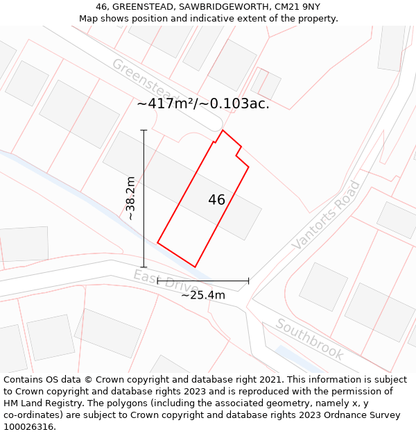 46, GREENSTEAD, SAWBRIDGEWORTH, CM21 9NY: Plot and title map