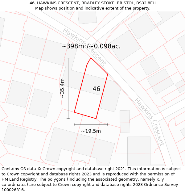 46, HAWKINS CRESCENT, BRADLEY STOKE, BRISTOL, BS32 8EH: Plot and title map