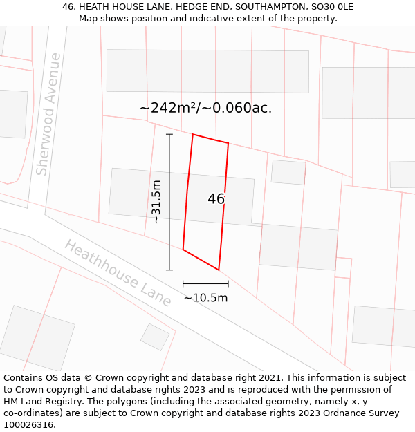 46, HEATH HOUSE LANE, HEDGE END, SOUTHAMPTON, SO30 0LE: Plot and title map