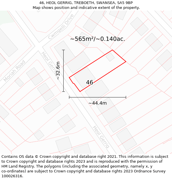 46, HEOL GERRIG, TREBOETH, SWANSEA, SA5 9BP: Plot and title map