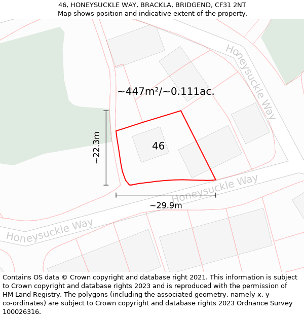 46, HONEYSUCKLE WAY, BRACKLA, BRIDGEND, CF31 2NT: Plot and title map