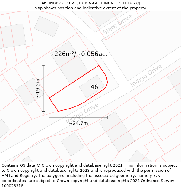 46, INDIGO DRIVE, BURBAGE, HINCKLEY, LE10 2QJ: Plot and title map