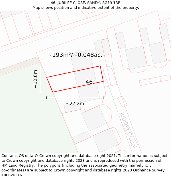 46, JUBILEE CLOSE, SANDY, SG19 1RR: Plot and title map