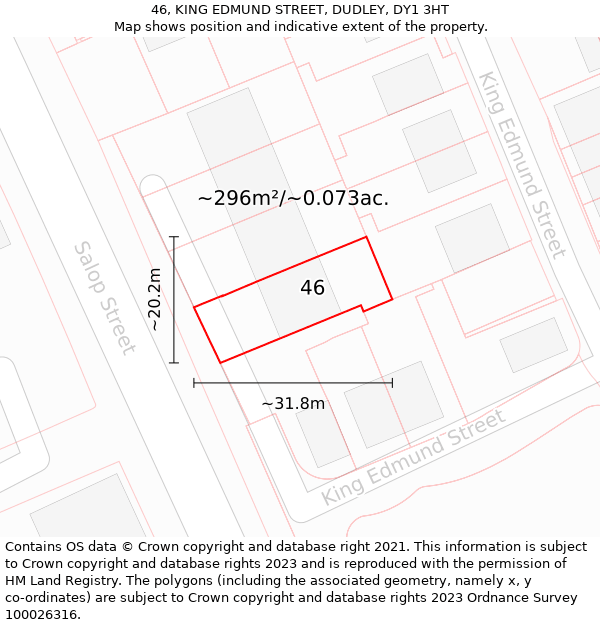 46, KING EDMUND STREET, DUDLEY, DY1 3HT: Plot and title map