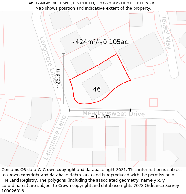 46, LANGMORE LANE, LINDFIELD, HAYWARDS HEATH, RH16 2BD: Plot and title map