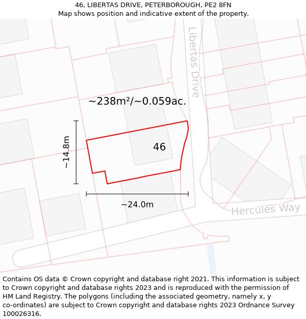 46, LIBERTAS DRIVE, PETERBOROUGH, PE2 8FN: Plot and title map