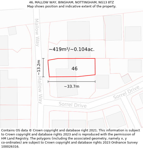 46, MALLOW WAY, BINGHAM, NOTTINGHAM, NG13 8TZ: Plot and title map