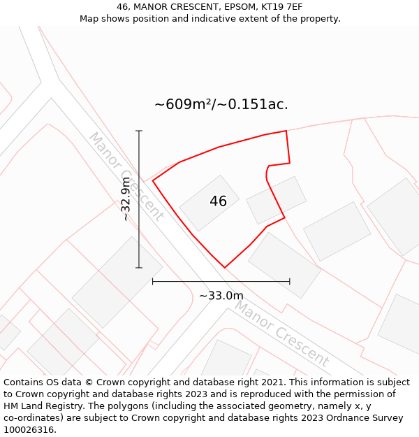 46, MANOR CRESCENT, EPSOM, KT19 7EF: Plot and title map