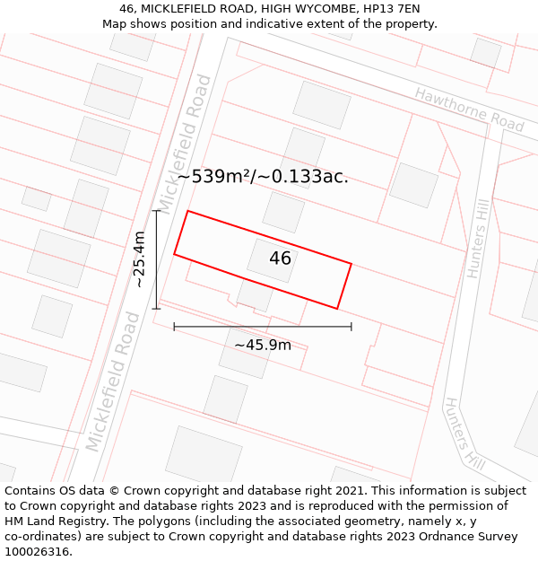 46, MICKLEFIELD ROAD, HIGH WYCOMBE, HP13 7EN: Plot and title map