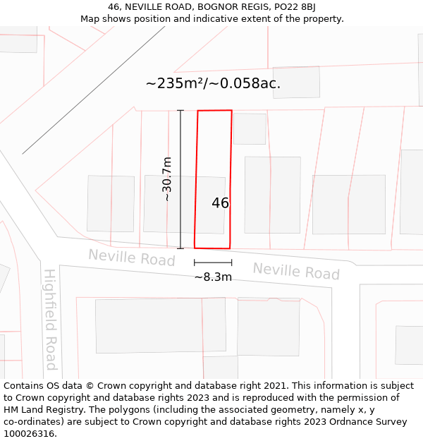 46, NEVILLE ROAD, BOGNOR REGIS, PO22 8BJ: Plot and title map