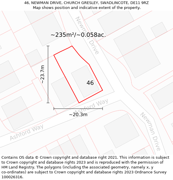 46, NEWMAN DRIVE, CHURCH GRESLEY, SWADLINCOTE, DE11 9RZ: Plot and title map