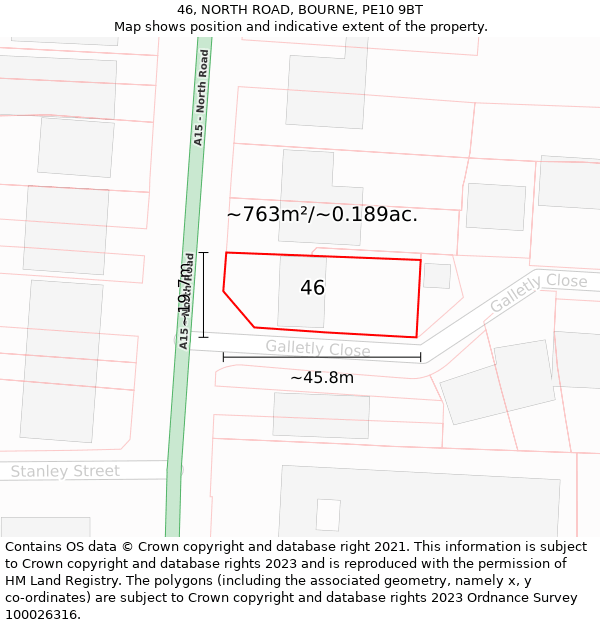 46, NORTH ROAD, BOURNE, PE10 9BT: Plot and title map