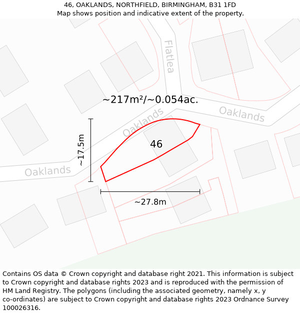 46, OAKLANDS, NORTHFIELD, BIRMINGHAM, B31 1FD: Plot and title map