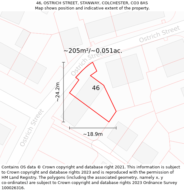 46, OSTRICH STREET, STANWAY, COLCHESTER, CO3 8AS: Plot and title map