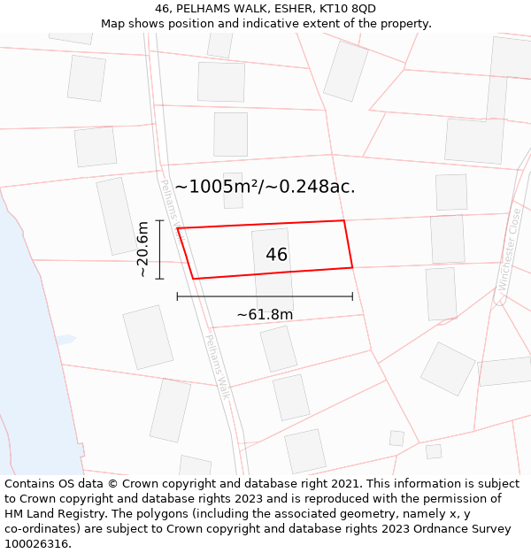 46, PELHAMS WALK, ESHER, KT10 8QD: Plot and title map