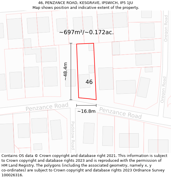 46, PENZANCE ROAD, KESGRAVE, IPSWICH, IP5 1JU: Plot and title map