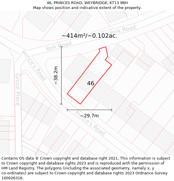 46, PRINCES ROAD, WEYBRIDGE, KT13 9BH: Plot and title map