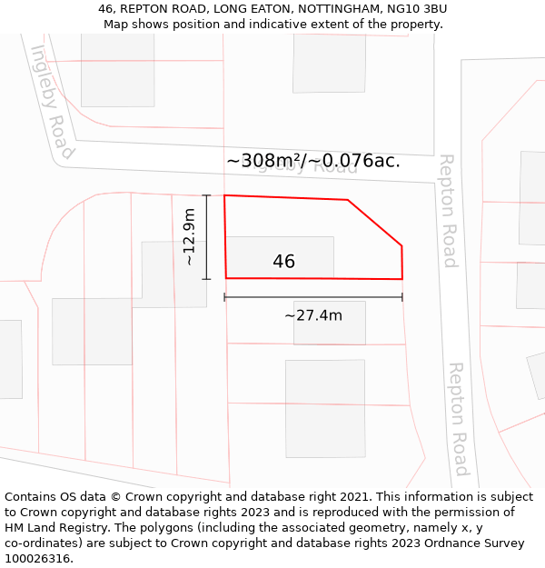 46, REPTON ROAD, LONG EATON, NOTTINGHAM, NG10 3BU: Plot and title map