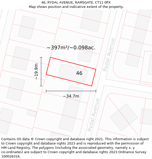 46, RYDAL AVENUE, RAMSGATE, CT11 0PX: Plot and title map