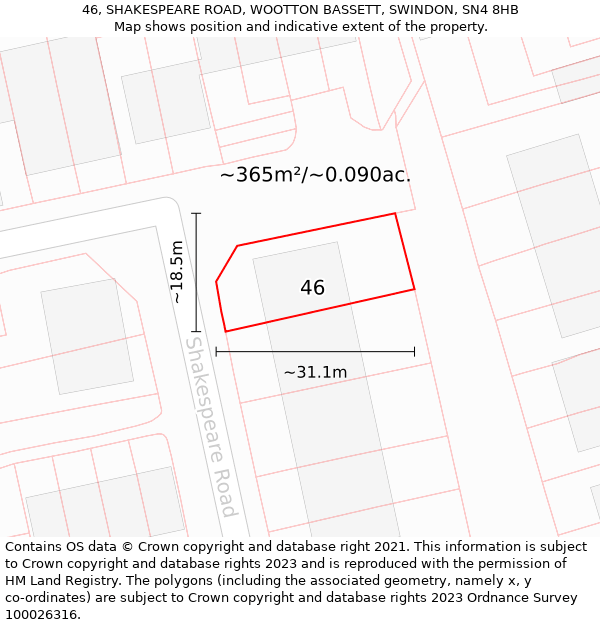 46, SHAKESPEARE ROAD, WOOTTON BASSETT, SWINDON, SN4 8HB: Plot and title map