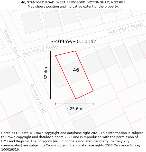 46, STAMFORD ROAD, WEST BRIDGFORD, NOTTINGHAM, NG2 6GF: Plot and title map