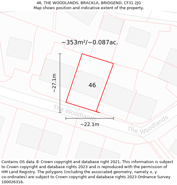 46, THE WOODLANDS, BRACKLA, BRIDGEND, CF31 2JG: Plot and title map