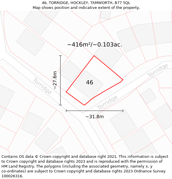 46, TORRIDGE, HOCKLEY, TAMWORTH, B77 5QL: Plot and title map