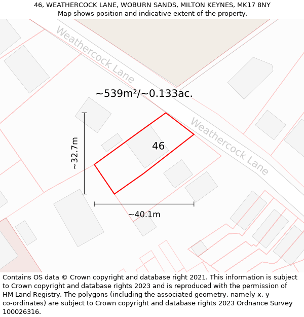 46, WEATHERCOCK LANE, WOBURN SANDS, MILTON KEYNES, MK17 8NY: Plot and title map