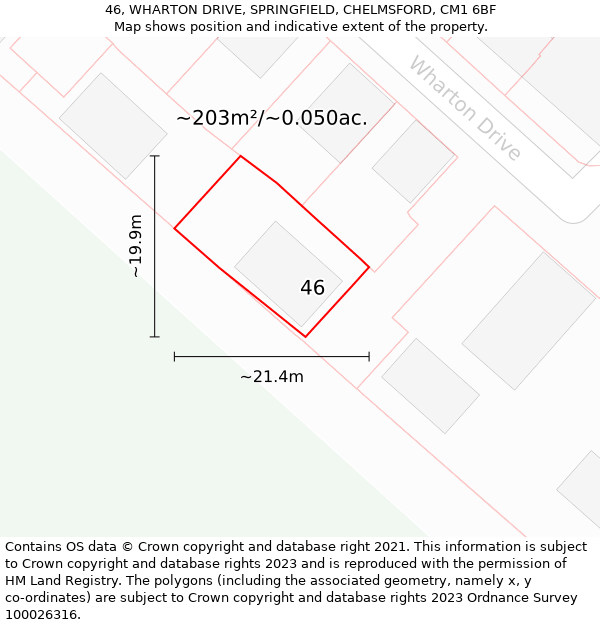 46, WHARTON DRIVE, SPRINGFIELD, CHELMSFORD, CM1 6BF: Plot and title map