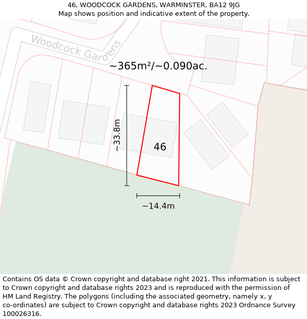 46, WOODCOCK GARDENS, WARMINSTER, BA12 9JG: Plot and title map