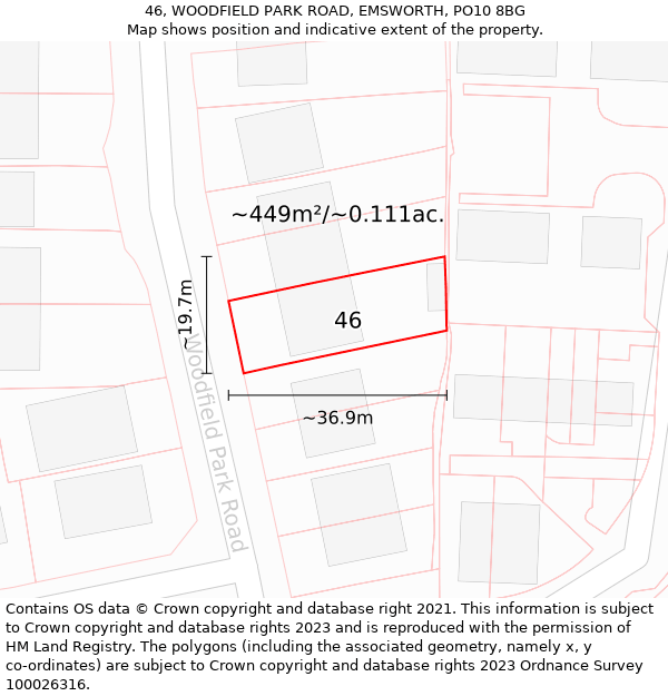 46, WOODFIELD PARK ROAD, EMSWORTH, PO10 8BG: Plot and title map