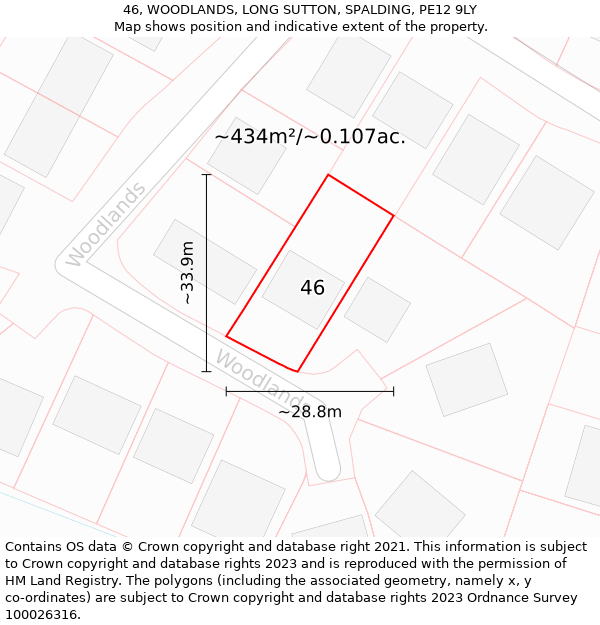 46, WOODLANDS, LONG SUTTON, SPALDING, PE12 9LY: Plot and title map