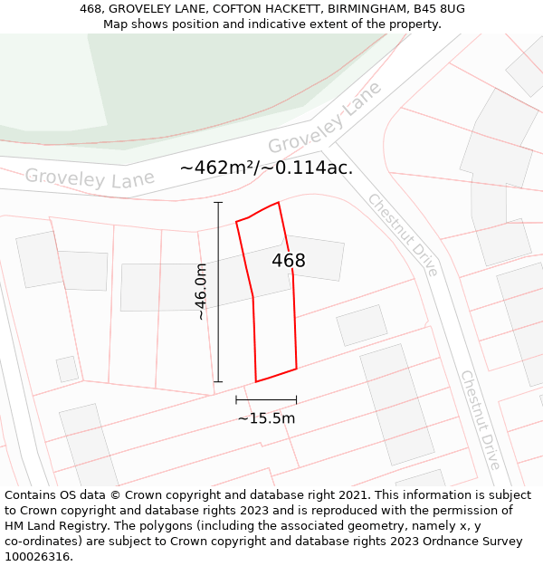 468, GROVELEY LANE, COFTON HACKETT, BIRMINGHAM, B45 8UG: Plot and title map