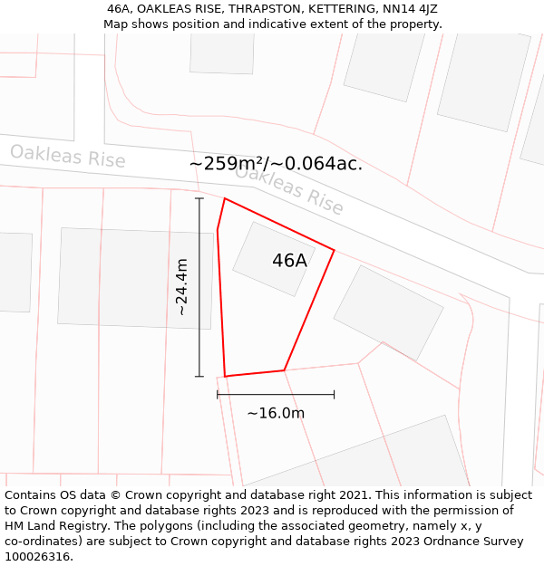 46A, OAKLEAS RISE, THRAPSTON, KETTERING, NN14 4JZ: Plot and title map