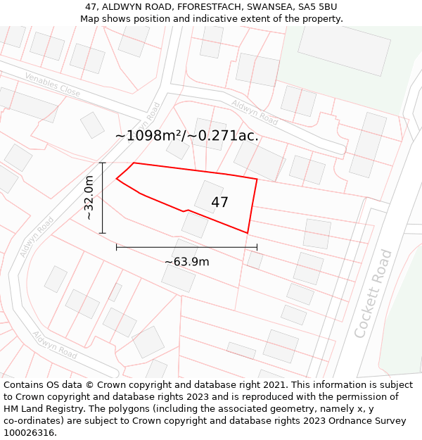 47, ALDWYN ROAD, FFORESTFACH, SWANSEA, SA5 5BU: Plot and title map