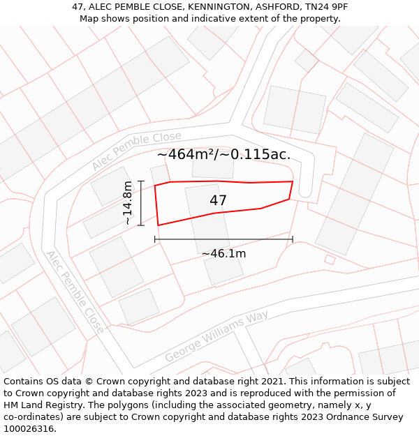 47, ALEC PEMBLE CLOSE, KENNINGTON, ASHFORD, TN24 9PF: Plot and title map