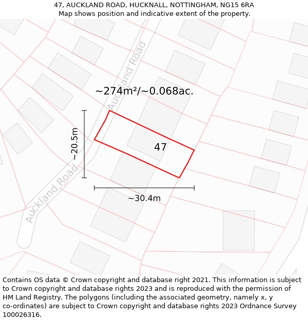 47, AUCKLAND ROAD, HUCKNALL, NOTTINGHAM, NG15 6RA: Plot and title map