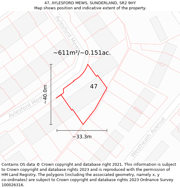 47, AYLESFORD MEWS, SUNDERLAND, SR2 9HY: Plot and title map