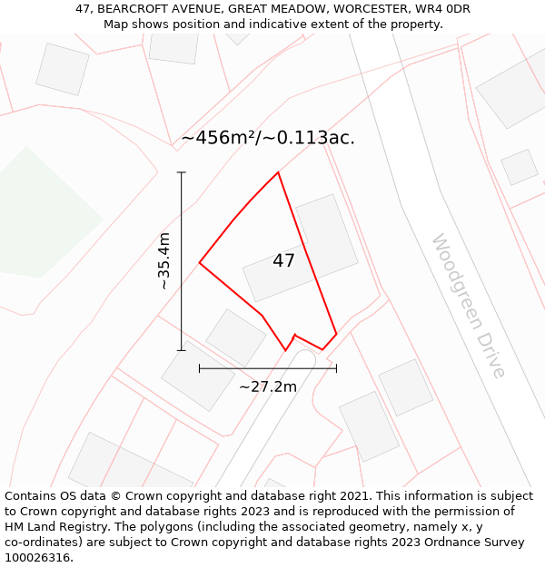 47, BEARCROFT AVENUE, GREAT MEADOW, WORCESTER, WR4 0DR: Plot and title map