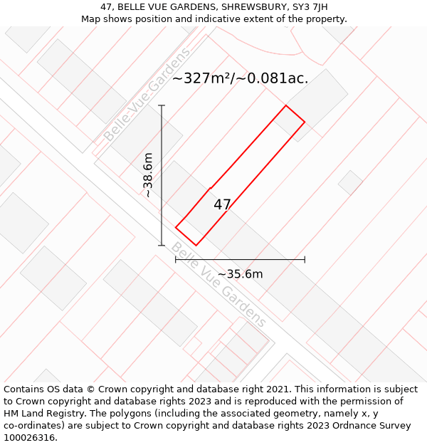 47, BELLE VUE GARDENS, SHREWSBURY, SY3 7JH: Plot and title map