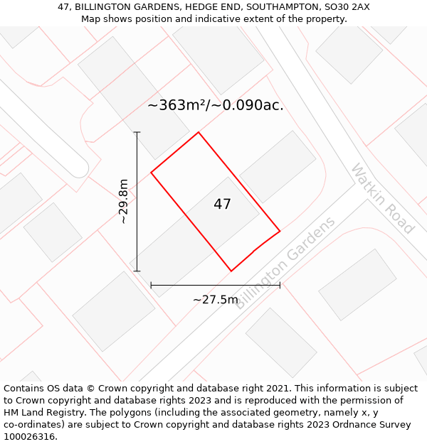 47, BILLINGTON GARDENS, HEDGE END, SOUTHAMPTON, SO30 2AX: Plot and title map