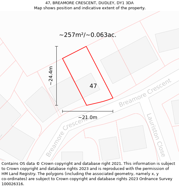 47, BREAMORE CRESCENT, DUDLEY, DY1 3DA: Plot and title map