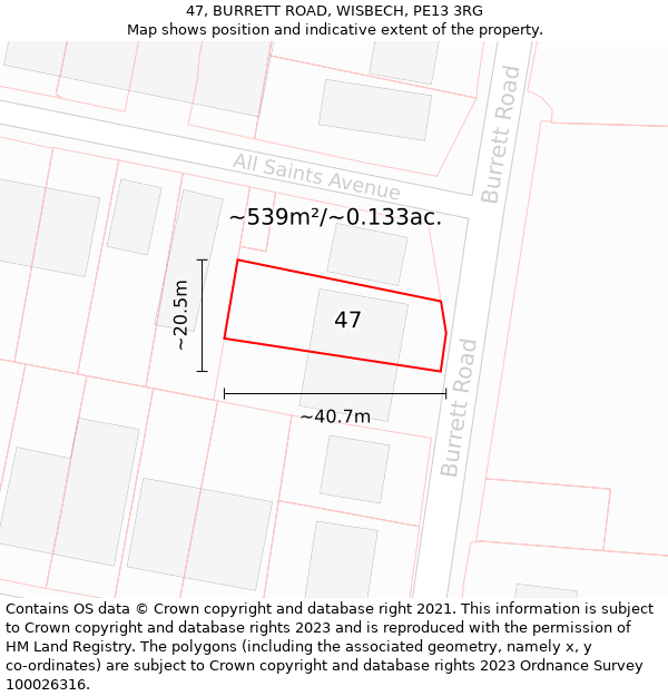 47, BURRETT ROAD, WISBECH, PE13 3RG: Plot and title map