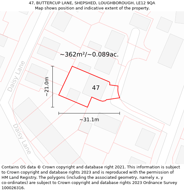 47, BUTTERCUP LANE, SHEPSHED, LOUGHBOROUGH, LE12 9QA: Plot and title map