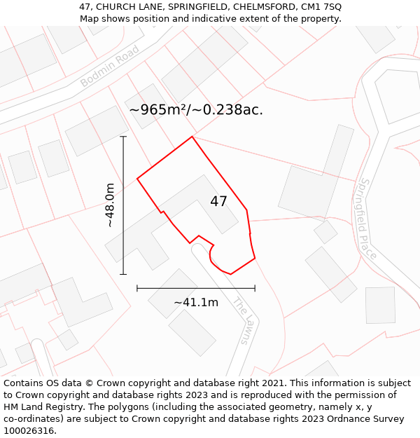 47, CHURCH LANE, SPRINGFIELD, CHELMSFORD, CM1 7SQ: Plot and title map