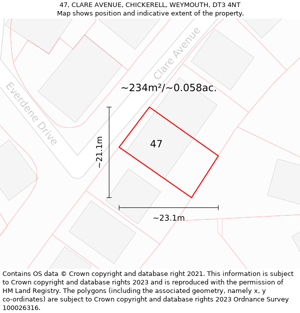 47, CLARE AVENUE, CHICKERELL, WEYMOUTH, DT3 4NT: Plot and title map