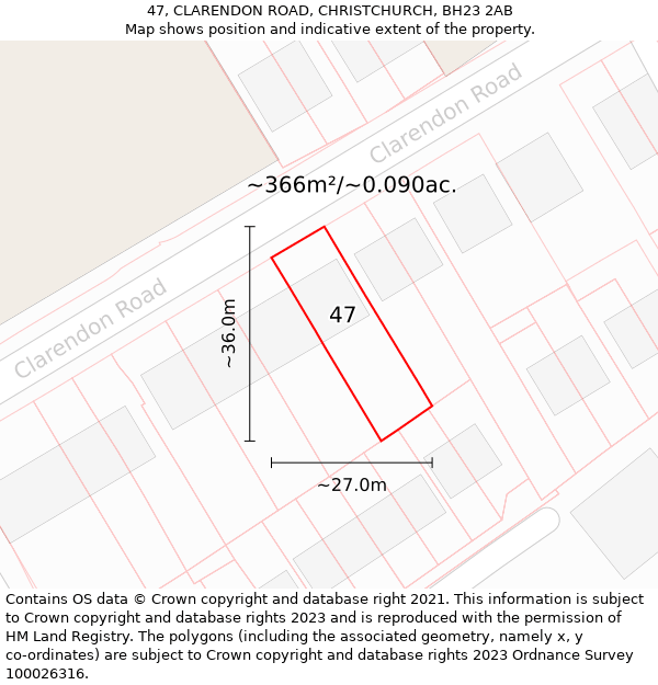 47, CLARENDON ROAD, CHRISTCHURCH, BH23 2AB: Plot and title map