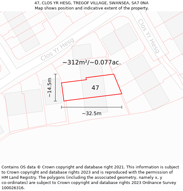 47, CLOS YR HESG, TREGOF VILLAGE, SWANSEA, SA7 0NA: Plot and title map