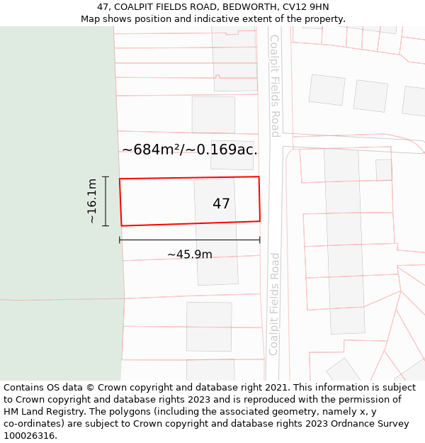 47, COALPIT FIELDS ROAD, BEDWORTH, CV12 9HN: Plot and title map